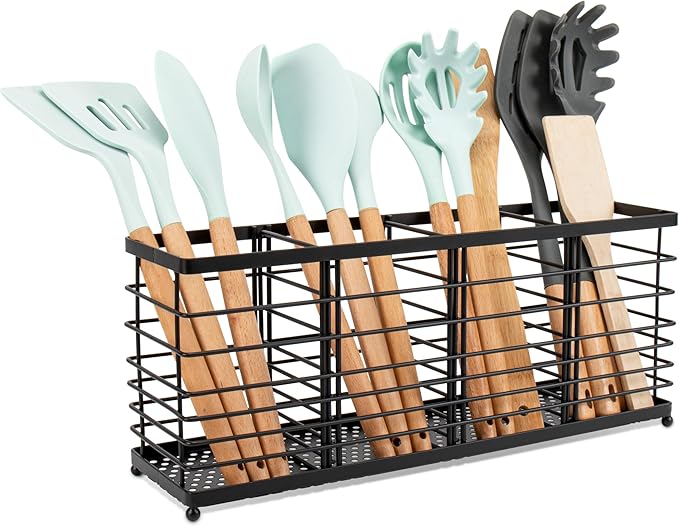 RedCall 4 Compartments Utensil Holder,Extra Large Cooking Utensil Organizer for Countertop,Black Metal Spoon Spatula Holder,Kitchen Tools Storage Holder,Kitchen Decor (4 Compartment)