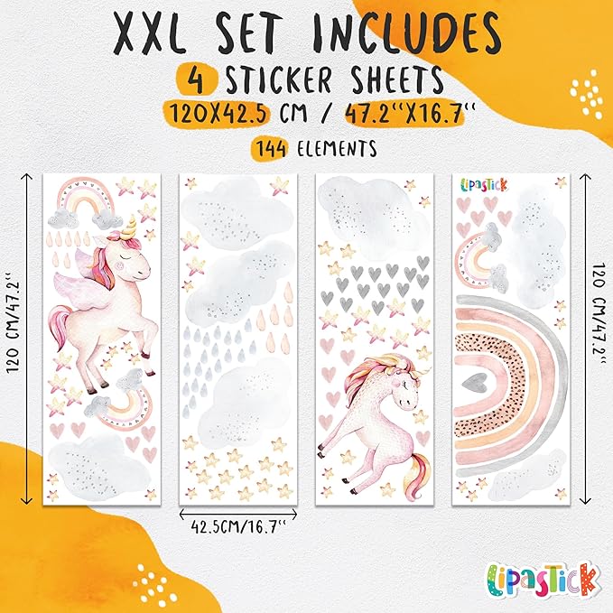 Large Rainbow Wall Decals by Lipastick - 144 pcs Rainbow Wall Stickers - Unicorn Wall Decals for Kids Bedroom Room Nursery – Kids Wall Stickers Cloud Stars Ponies - Waterproof Wall Art Décor XXL Size