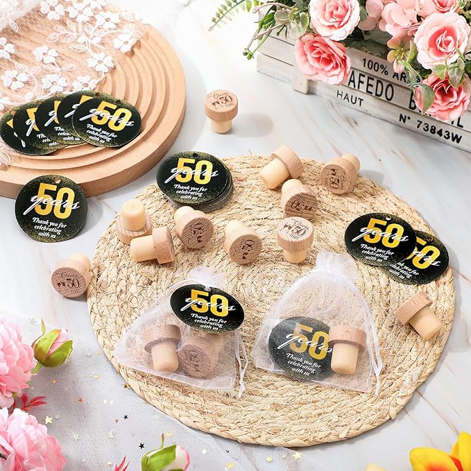 Barydat 50 Sets 50th Birthday Party Favors Wine Bottle Corks Wooden Wine Stopper 50th Anniversary Cheers to 50 Years Thank You Cards Labels Organza Bags Thank You Gifts 50th Birthday Gifts for Guest