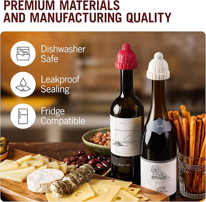 Beanie Cap Decorative Silicone Bottle Stopper in a Gift Box, Set of Two, Novelty Cork, Beverage and Wine Keeper, Champagne Bottle stoppers (Red & Grey)