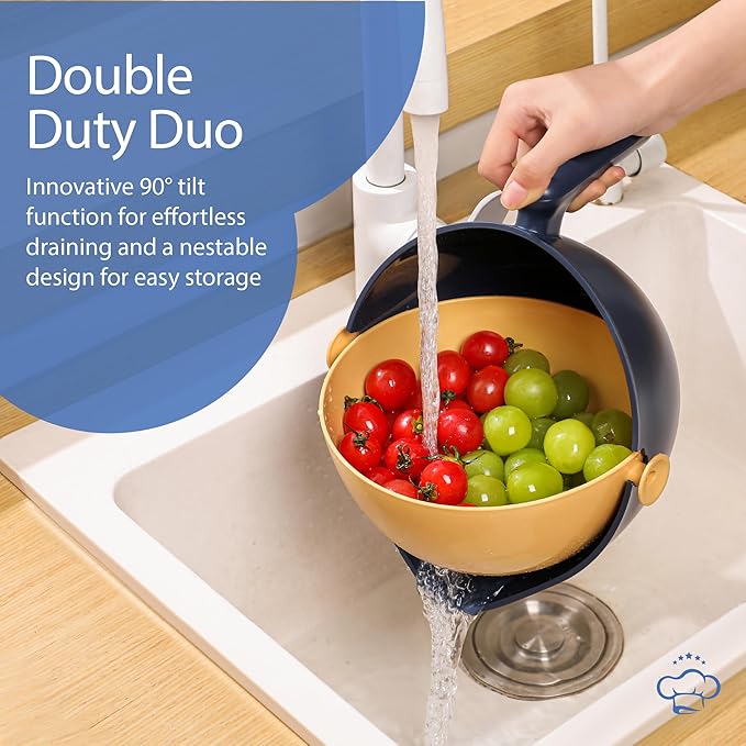 Chef's Path 2 in 1 Kitchen Strainer and Colander for Kitchen, Multifunctional Food Strainer Set, BPA Free Plastic Colander with Handle, Pasta Drainer, Veggie and Fruit Cleaner -Multicolor