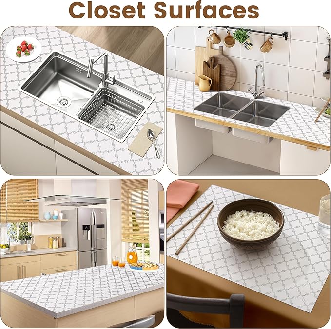 Drawer and Shelf Liner Non Adhesive, Non Slip Kitchen Cabinets Liner, 24 in X 20 FT Waterproof Strong Grip Thickened Washable Drawer Mat Cupboard Pad for Shelves tool box Fridge, White/Elegant Gray