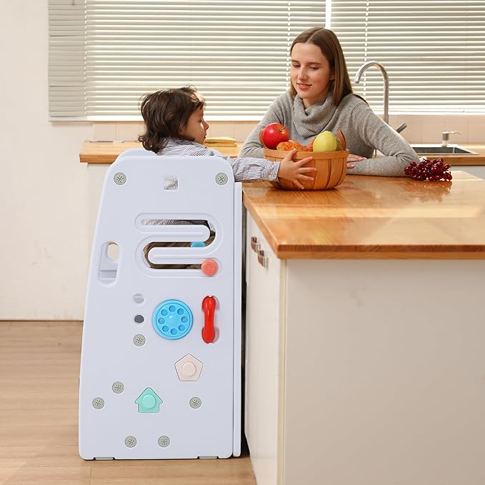 SDADI Multifunctional Toddler Tower with Double Safety Rails - Adjustable & Non-Slip for Kitchen and Bathroom Use - Montessori Step Stool for Kids, White and Dark Gray