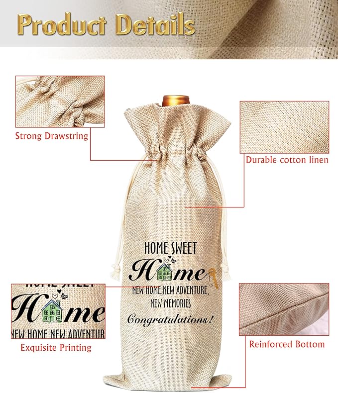 Muruseni New Home Congratulation Gift,Meaningful HousewarmingGifts,Men, Women, Friends, Colleagues, Bosses, Subordinates, Partners -Cotton linen Drawstring Wine Bags(1 Pack-SW02)