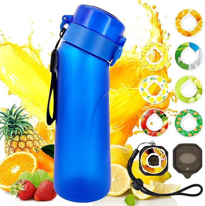 Air Water Bottle with Flavor Pods, 750ML Scent Water Cup with Flavor Pods Box,0% Sugar Fragrance Water Bottle Suitable for Outdoor Sports (Blue+8pods)