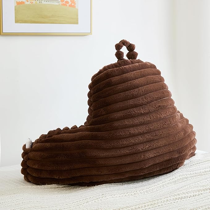 Faux Fur Fluffy Coffee Reading Pillow with Pockets, Luxury Striped Plush Decorative, Arm Rests and Back Surport for Bed Rest, Lounging on Sofa, Standard