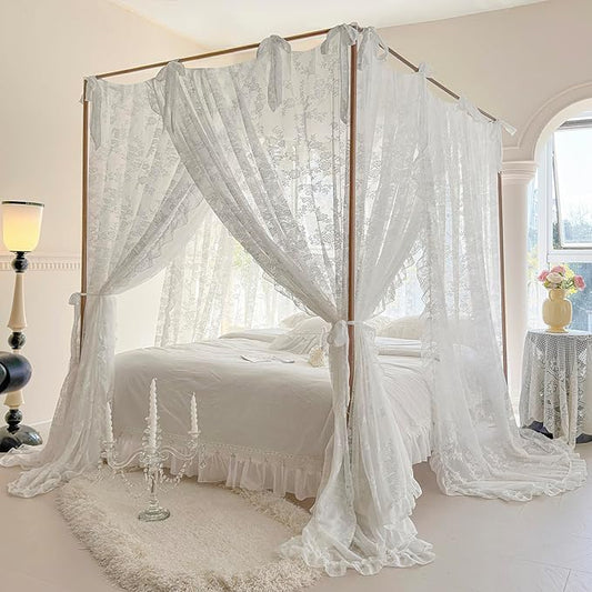 Mengersi Canopy Bed Curtains with Tie Backs,Bed Canopy Curtains Bed Drapes Sheer Curtains for Bedroom Decor(King,White