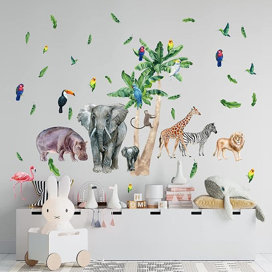 Large Safari Animal Wall Decals for Kids by Lipastick - 70 pcs Jungle Animal Wall Stickers - Creative Wall Decal for Children's Room Bedroom Nursery - Giraffe Elephant Hippo Palm Tree Parrot M Size