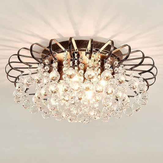 CVKASH 4-Light Crystal Floral Chandelier Modern Bronze Flush Mount Raindrop Crystal Ceiling Lighting Fixture Farmhouse Chandelier for Bathroom Living Room Bedroom Dining Room Entryway