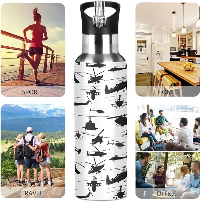 Helicopter Stainless Steel Water Bottle with Straw Lid - 20 Oz Sports Insulated Water Bottle Thermos for Sport Gym Outdoor Travel School