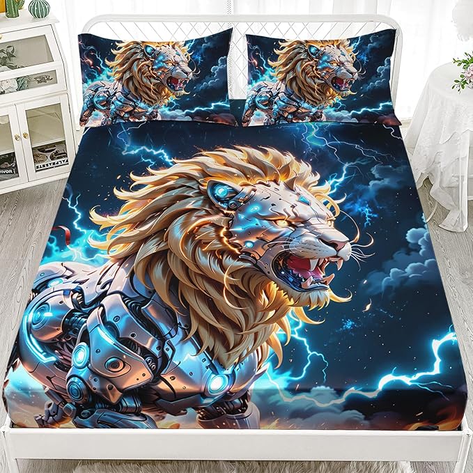 AILONEN Boys Lion Fitted Sheet Set Full Size, Safari Animal Lion Blue Lightning 3 Pieces Printed Kids Bed Sheet Set,Wildlife Fitted Sheet with 2 Pillowcases