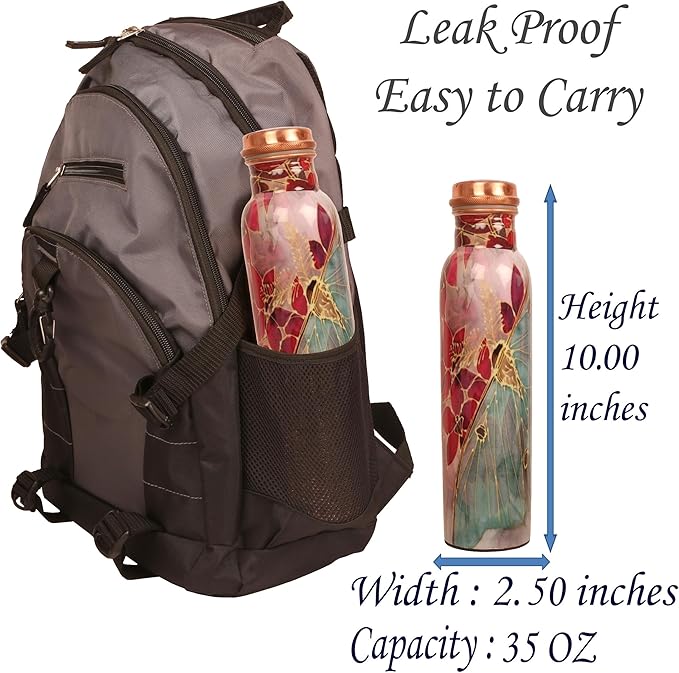 Pure Copper Water Bottle - Handcrafted - Ayurveda Health Benefits - Large 35 oz - Leak proof - Easy to carry for Sports, Fitness, Yoga, School - Textured Red Floral Patterns