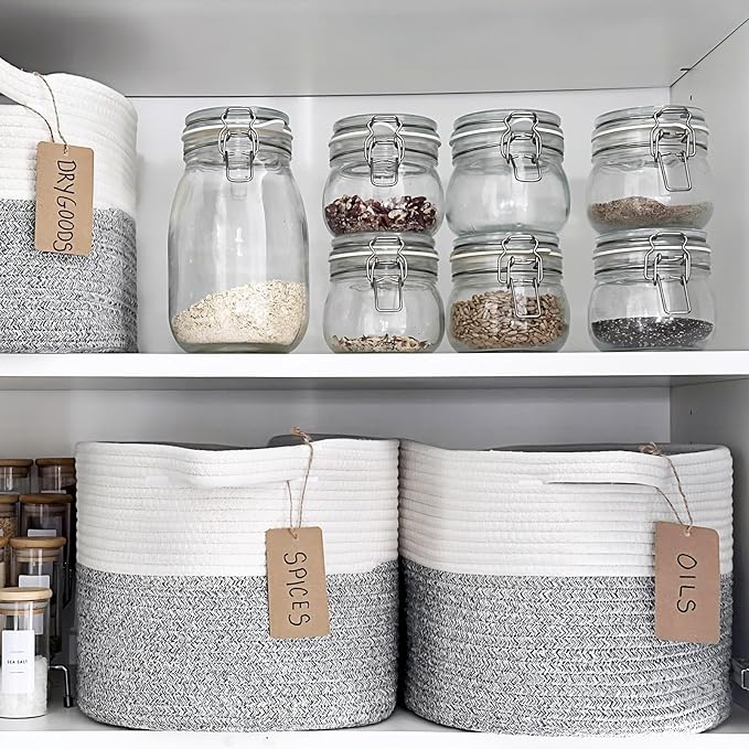 Goodpick Woven Storage Basket for Shelves, Small Laundry Basket for Cloth Towel Shoe, Empty Gift Basket with Handles, Grey and White Square Basket, 13 x 10 x 9 Inches