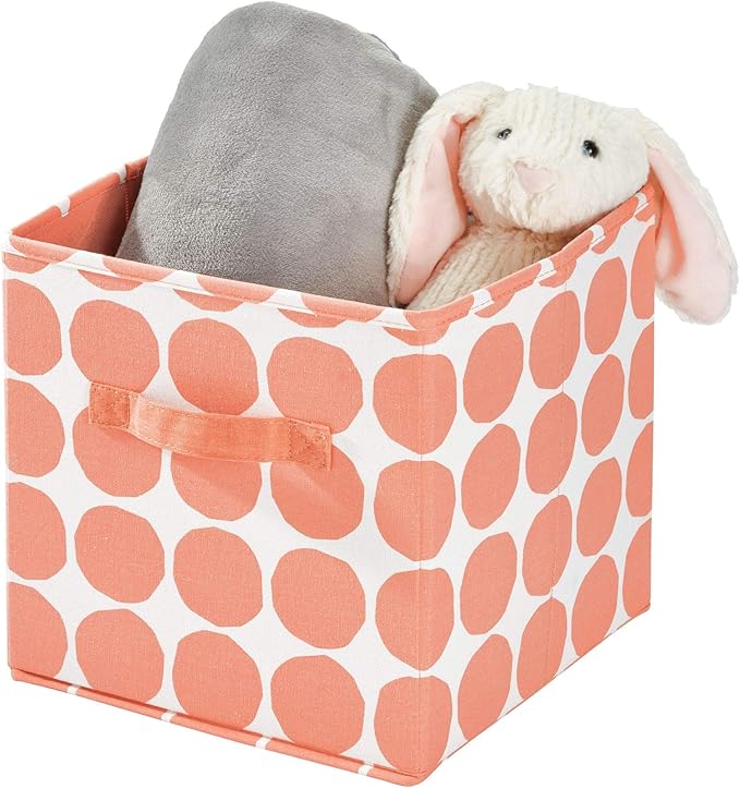 iDesign Dot Fabric Storage Cube Bin, Small Basket Container with Dual Side Handles for Closet, Bedroom, Toys, Nursery - Coral