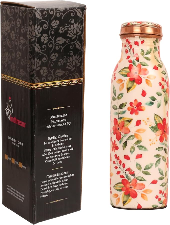 Pure Copper Water Bottle - Handcrafted - Ayurveda health benefits - Large 17.50 oz - Leak proof - Easy to carry for Sports, Fitness, Yoga, School - White Base Floral Vintage Colors Enamel
