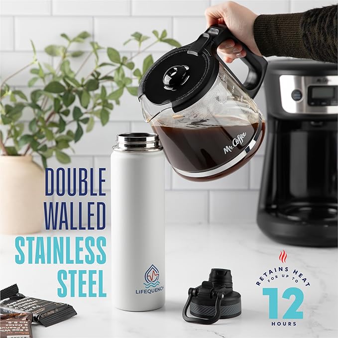 Insulated Water Bottle with Straw and Handle 22 oz-Stainless Steel Water Bottles with Straw, Dual Cap Function & Sleeve, Keeps Drinks Hot Up to 12 Hours & Cold Up to 24 Hours (White)