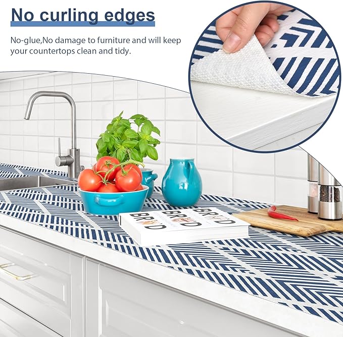 Shelf Liners for Kitchen Cabinets Non-adhesive, 24in x 12FT Drawer Liner Non Slip Shelf Paper, Waterproof Easy to Clean Surface, Thicken Strong Grip for Pantry Cupboard Dresser Mat, Blue Stripe