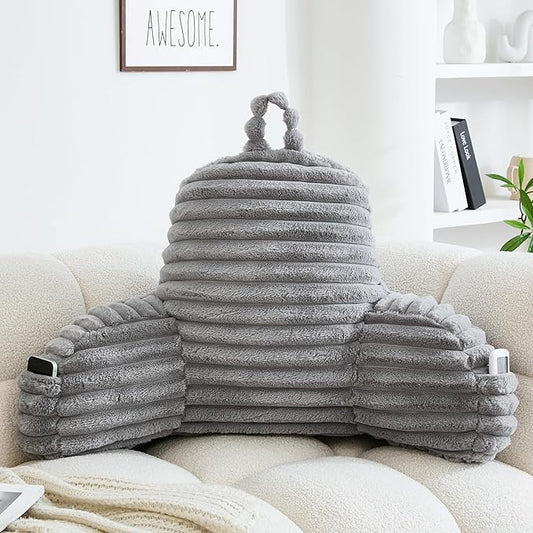 WERDIM Reading Pillow for Sitting in Bed, Faux Fur Back Pillow for Bed Rest, Bed Chair Pillow with Arms and Pockets(Large, Grey)