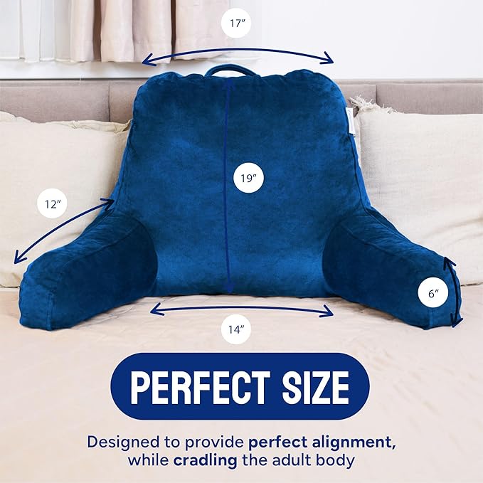 ComfortSpa Reading Pillow for Bed Adult Size, Back Rest Pillow with Arms, Pockets and Washable Cover; Use as a Back Pillow for Sitting in Bed for Bedrest or Relief from GERD Heartburn (XL Navy Blue)