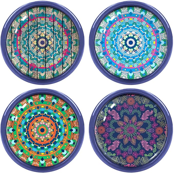 WIRESTER Set of 4 Ceramic Cork Decorative Wine Bottle Stoppers For Bar, Holiday, Party, Wedding - Bohemian Mandala (Colorful, Sunshine, Blue, Wood Look)