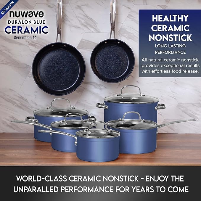 Nuwave Healthy Duralon Blue Ceramic Nonstick Cookware Set, Diamond Infused Scratch-Resistant, PFAS Free, Dishwasher & Oven Safe, Induction Ready & Evenly Heats, Tempered Glass Lids & Stay-Cool Handles