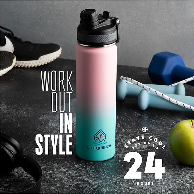 Insulated Water Bottle with Straw and Handle 22 oz-Stainless Steel Water Bottles with Straw, Dual Cap Function & Sleeve, Keeps Drinks Hot Up to 12 Hours & Cold Up to 24 Hours (Cotton Candy)