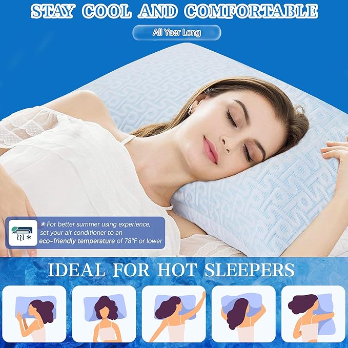 Cooling Hotel Bed Pillows Queen Size Set of 2- Staying Cold All Night, Comfortable Down Alternative Gel Pillow with Washable Cover for Side, Back or Stomach Sleepers