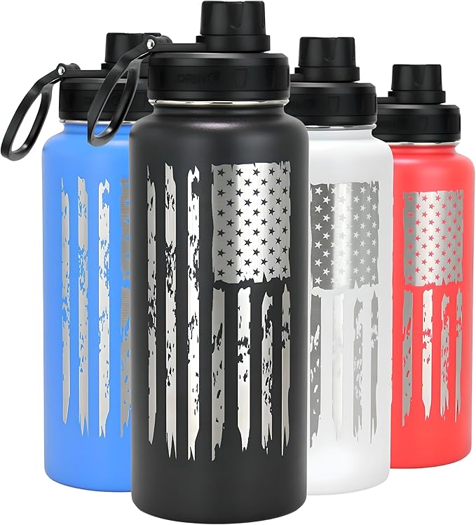 DRINCO Stainless Steel Water Bottle Spout Lid Vacuum Insulated Double Wall Water Bottle Wide Mouth Leak Proof Keep Cold Sport Camping (USA Flag) (32oz Royal Blue USA Flag, 32oz)