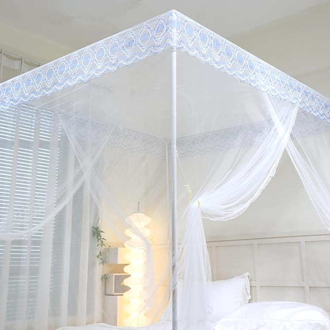 Bed Canopy, Princess Bed Curtain Net for Girls & Adults,Three-Doors Rectangle Lace Dome Netting (White, King)