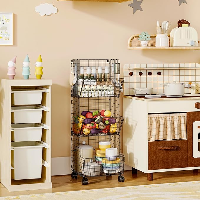 Sonyabecca Toy Organizer Basket Shelf with Wheel, S-Hooks, Rolling Cart Hanging Storage Baskets for Child Room, Playroom, Bedroom, Kitchen (Black)