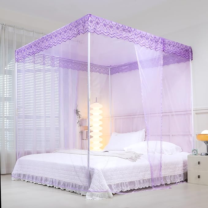 Bed Canopy, Princess Bed Curtain Net for Girls & Adults,Three-Doors Rectangle Lace Dome Netting (Purple, King)