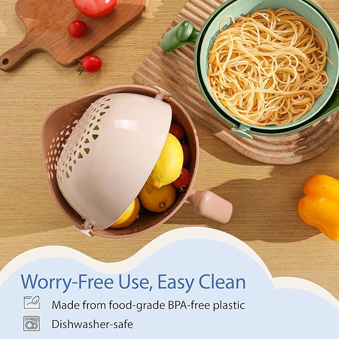 Chef's Path 2 in 1 Kitchen Strainer and Colander for Kitchen, Multifunctional Food Strainer Set, BPA Free Plastic Colander with Handle, Pasta Drainer, Veggie and Fruit Cleaner - Peach