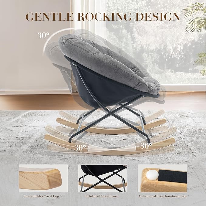 COLAMY Rocking Chair Nursery, Upholstered Glider Rocker Accent Chair Saucer Armchair with Comfy Cushions, Wood Base and Metal Legs for Living Room, Bedroom, Office, Grey