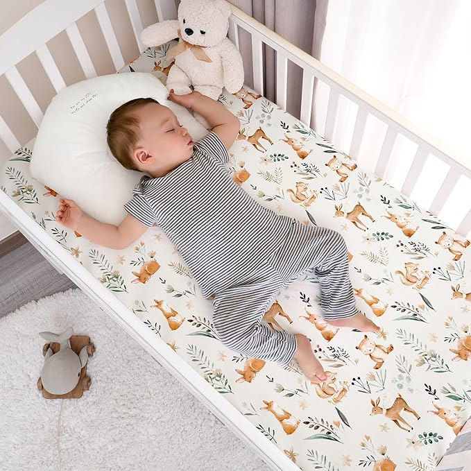 PHF Soft Crib Sheet Fitted, 2 Pack Baby Sheets for Boys Girls, 28x52x9in Fits Standard Crib and Toddler Mattresses, Silky Comfy Breathable Polyester Baby Mattress Sheets, Woodland