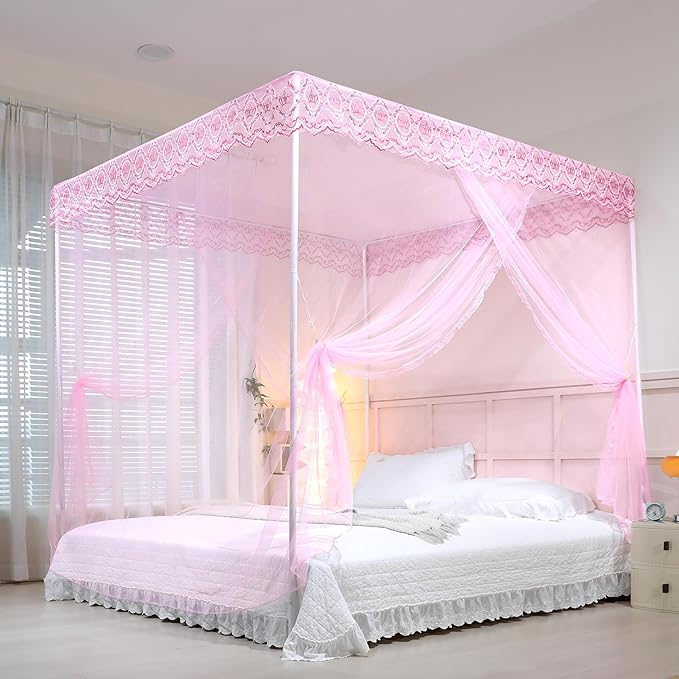 Bed Canopy, Princess Bed Curtain Net for Girls & Adults,Three-Doors Rectangle Lace Dome Netting (Baby Pink, Queen)