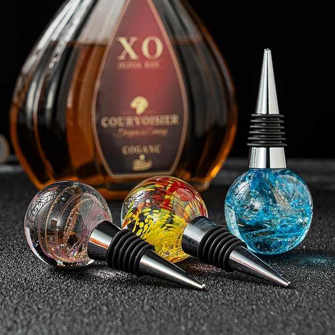 Wine and Beverage Bottle Stoppers with Blue Galaxy Glass Grip Top, Reusable Wine Saver for Gifts, Bar, Holiday Party, Wedding