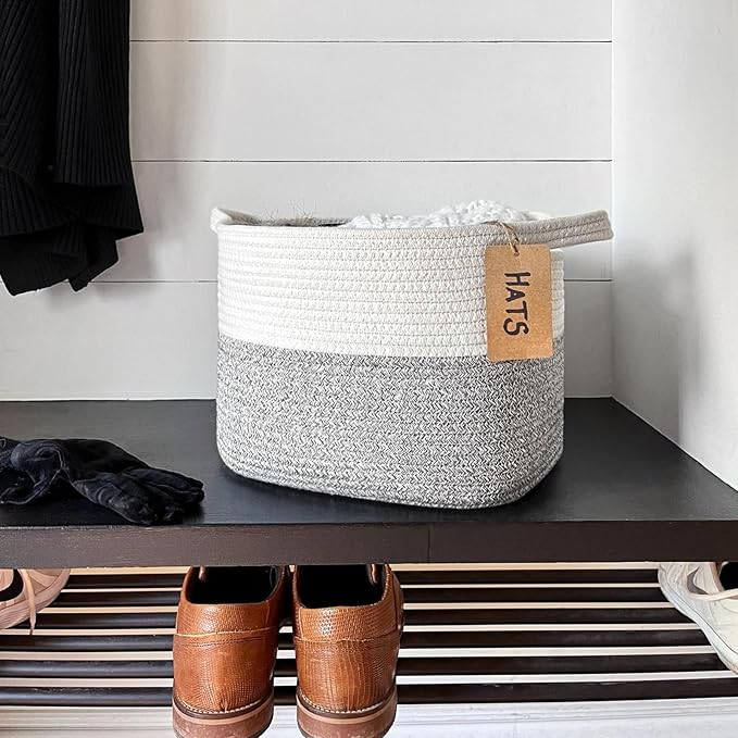 Goodpick Woven Storage Basket for Shelves, Small Laundry Basket for Cloth Towel Shoe, Empty Gift Basket with Handles, Grey and White Square Basket, 13 x 10 x 9 Inches