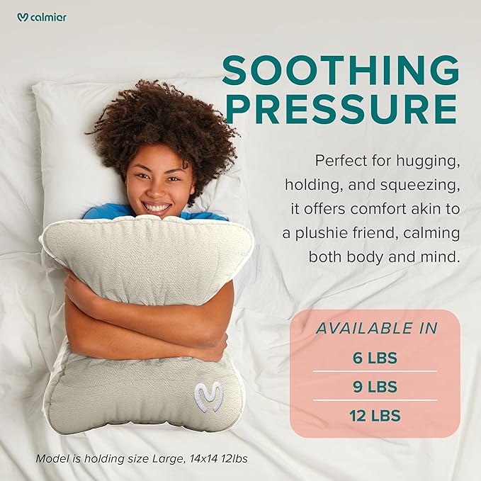 Calmier - 6 lb Sensory Weighted Pillow - Glass Bead Filled Hug Pillow - Ultra Plush Cozy Weighted Pillows for Adults and Kids - Child Sensory Pillow - Weighted Lap Pad (Tan - Fleece, 6 LBS)