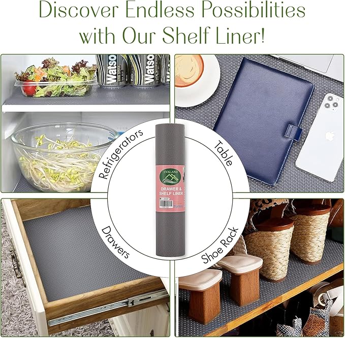 EVALAND 17.7 INCHES x 33 FEET (394 Inches) Non-Slip Shelf Liner, EVA Kitchen Liner, Non-Adhesive Liner, Smooth Drawer Liner, Durable Strong Grip Liner, Stain-Proof Shelf, Cabinet Liner, Grey