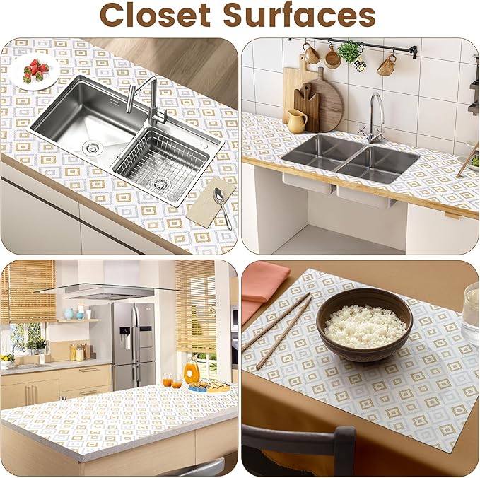 Shelf Liners for Kitchen Cabinets 15in X 15FT, Non Adhesive Cabinet Liner Strong Non-Slip Thickened Gold Geometric Drawer Liner, Washable Liner Easy to Clean for Shelf