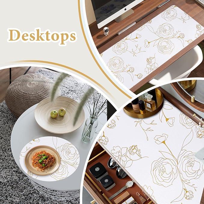 Shelf Liners for Kitchen Cabinets 17.5in x 20FT Non Adhesive Drawer Liner Gold Floral Thickened Shelf Liner Paper Strong Non-Slip Easy to Clean for Tool Box Refrigerator with Knife and Tape Measure