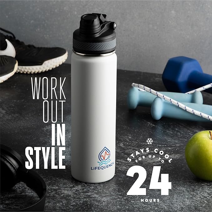 Insulated Water Bottle with Straw and Handle 22 oz-Stainless Steel Water Bottles with Straw, Dual Cap Function & Sleeve, Keeps Drinks Hot Up to 12 Hours & Cold Up to 24 Hours (White)