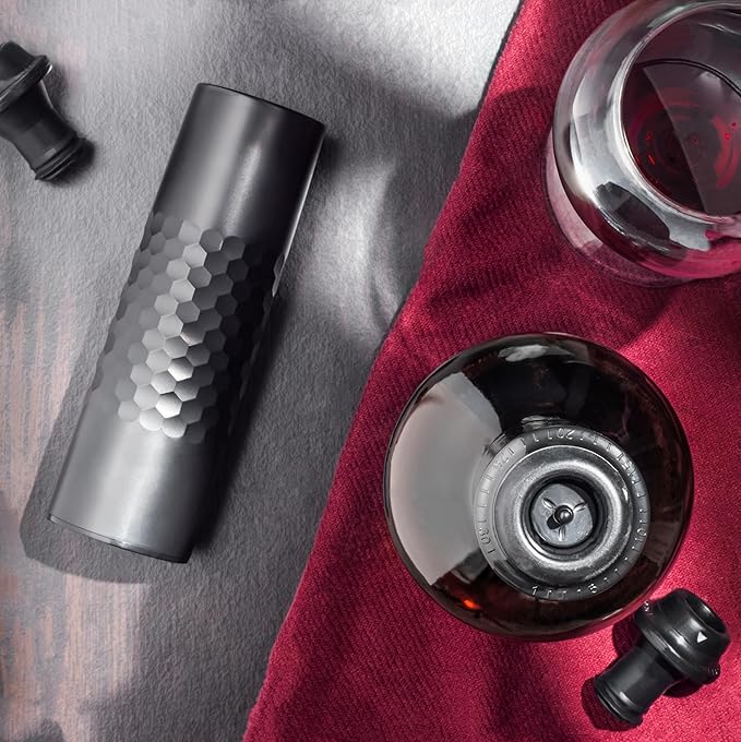Levare Rechargeable Wine Saver Vacuum Pump Sealer - USB-C Charger, 4 Universal Bottle Stopper Plugs - Prolong Wine Freshness Effortlessly for Days After Uncorking