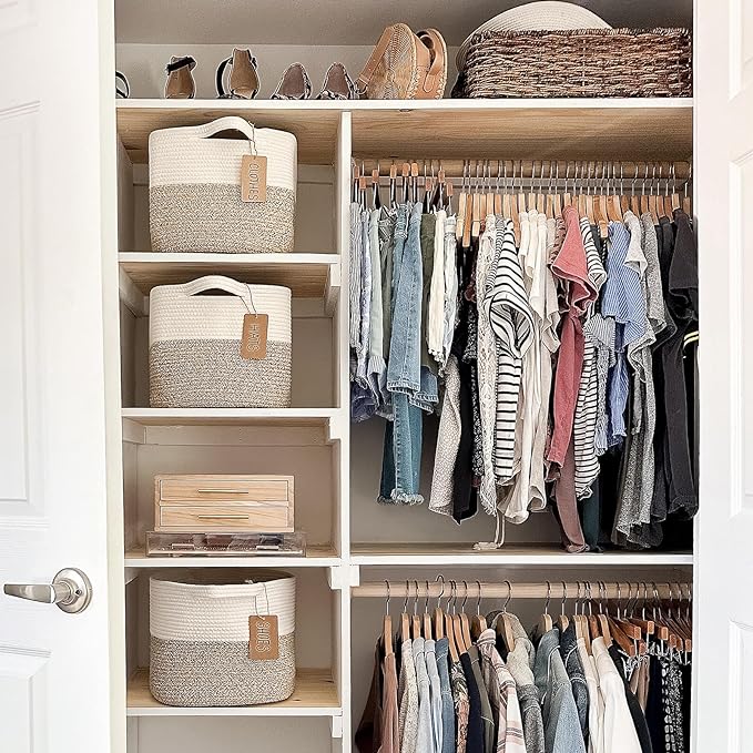 Goodpick Woven Storage Basket for Shelves, Cotton Rope Dog Toy Bin, Empty Gift Basket with Handles, Square Baskets for Storage, Brown and White Storage Bin, 13 x 10 x 9 Inches