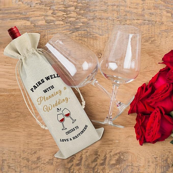 Christmas Gift Engagement Gift for Couple Champagne Wine Bags Wedding Planning Gift Bridal Shower Gift for Women Congrats Gift for Friend Newlywed Reusable Wine Bag Cheers to Love Happiness Burlap Bag