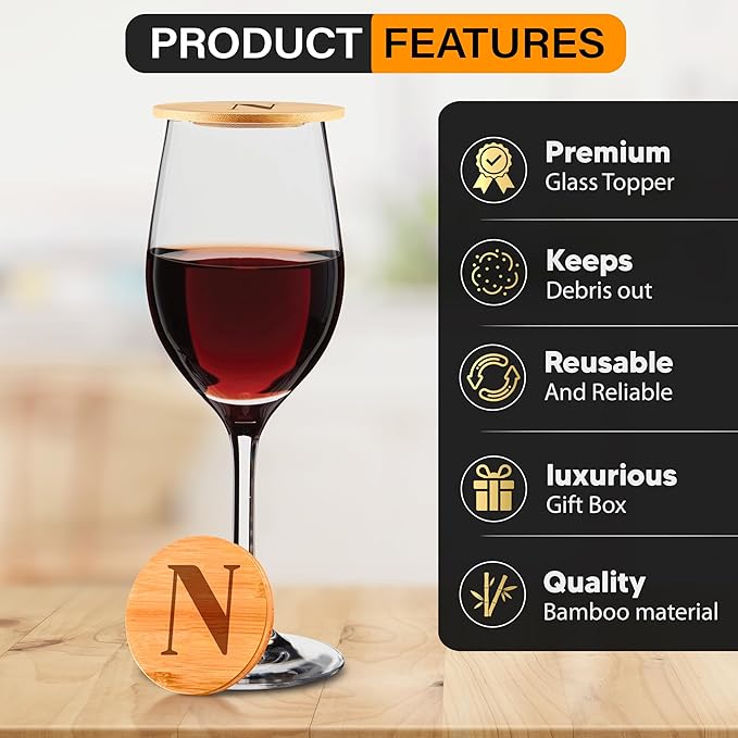 Personalized Wine Glass Charcuterie Topper - Custom Laser Engraved Initial Bamboo Wine Glass Topper Stopper Coasters Plate ID Identification Wine Glass Charcuterie Board Topper (Letter N)