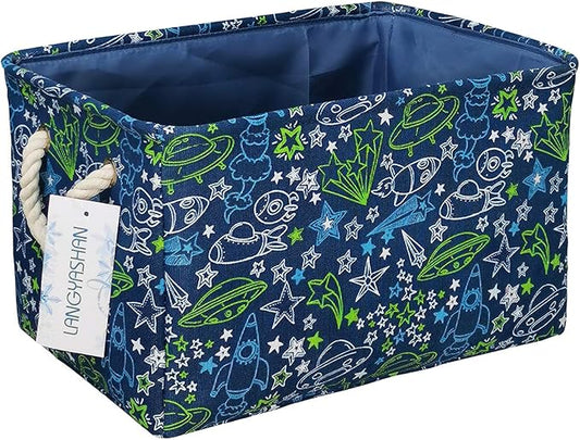 LANGYASHAN Rectangular Storage Bin Collapse Canvas Fabric Cartoon Storage Basket with Handles for Organizing Home Kitchen Boys and Girls Toys Office Closet Shelf Baskets (Full Spaceship)