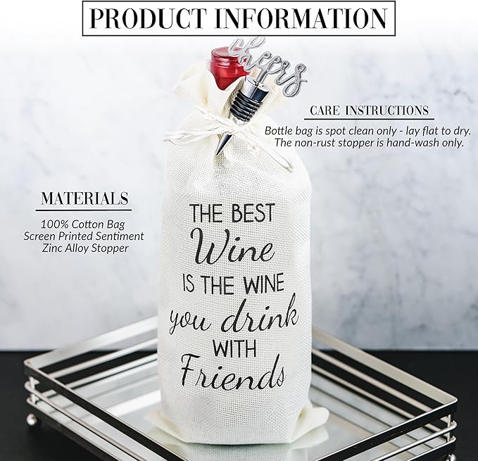 Pavilion Gift Company Drink with Friends-13 Wine Gift Bag Set, 13", Cream/Beige, Black, Silver