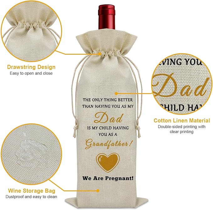 New Grandfather Father's Day Gift Wine Bag Grandpa to Be Gifts Pregnancy Announcement Gifts for Grandpa Wine Accessories Gifts for Wine Lovers Promoted to Grandpa Gifts Wine Bottle Decoration Bag