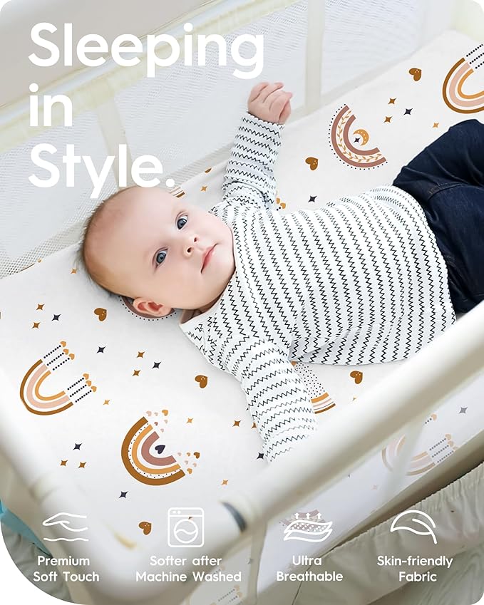 Pack N Play Sheets Fitted, TotBasic Ultra Soft Boho Rainbow Mini Crib Sheets, Premium Jersey Knit Pack and Play Sheets, Stretchy Neutral Play Yard Sheets for Pack and Play Mattress, 2 Pack